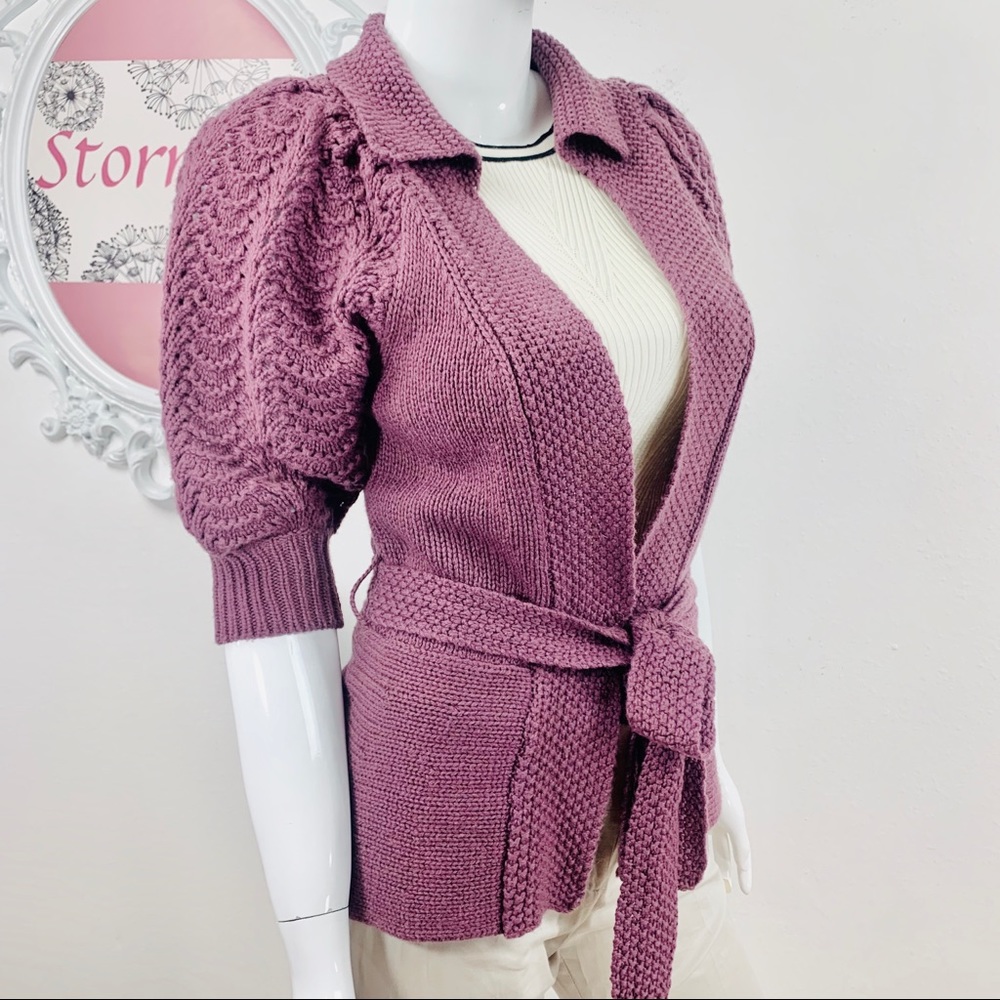 BCBGMAXAZRIA/Light Purple Belted  Crochet Cardigan - Picture 2 of 8